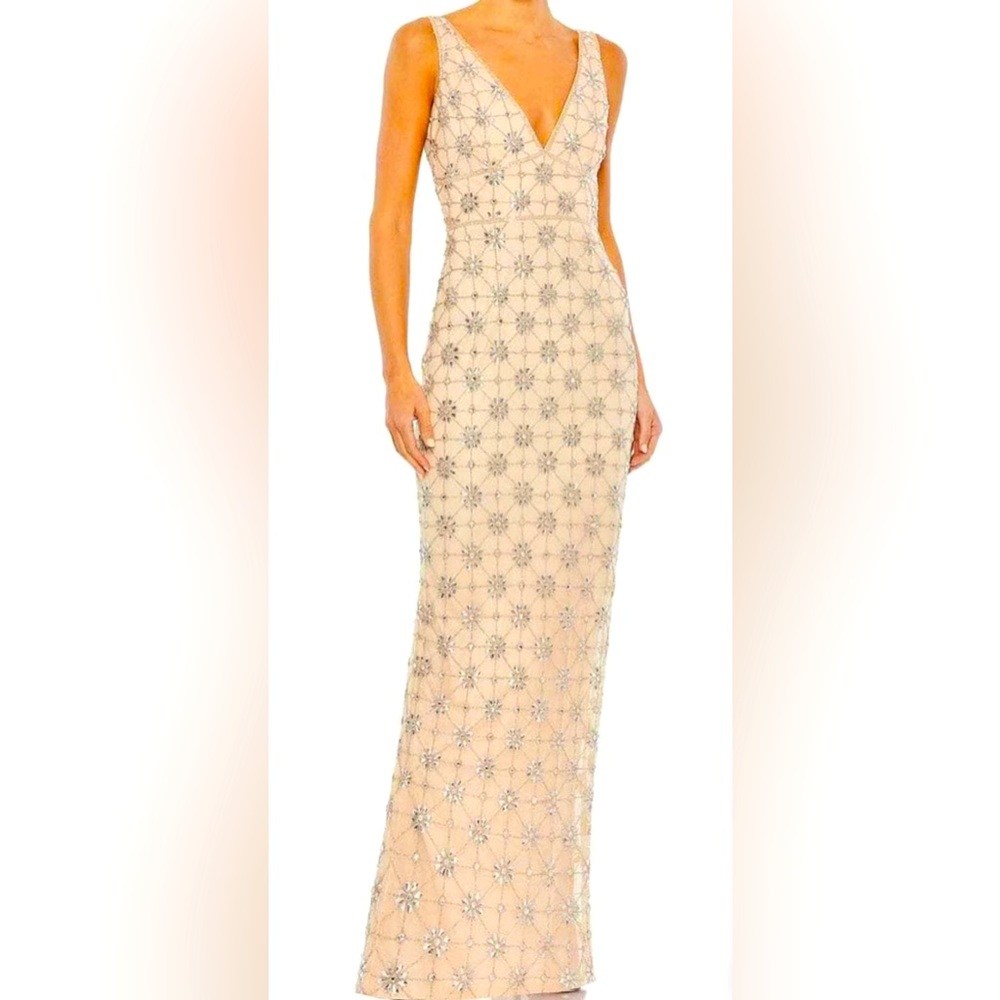 Mac Duggal Cream Beaded V-Neck Column Evening Gown